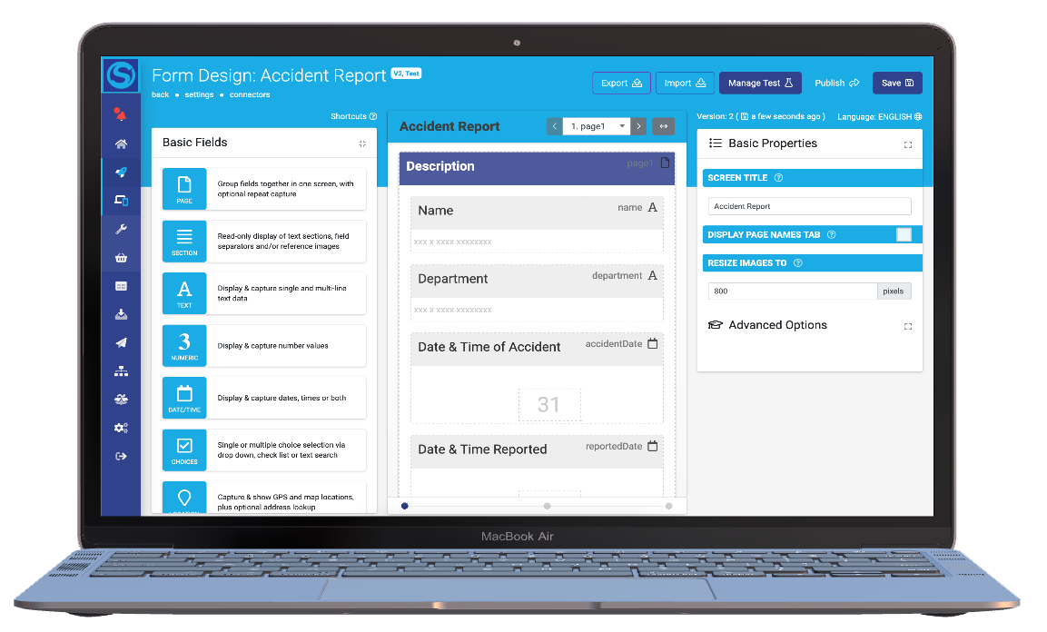 Swiftforms drag & drop form builder on a laptop creating a mobile inspection form